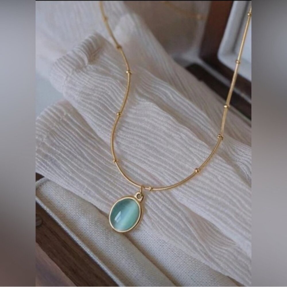 Gold Plated Stainless Steel Bohemian Turquoise Oval Pendant Necklace